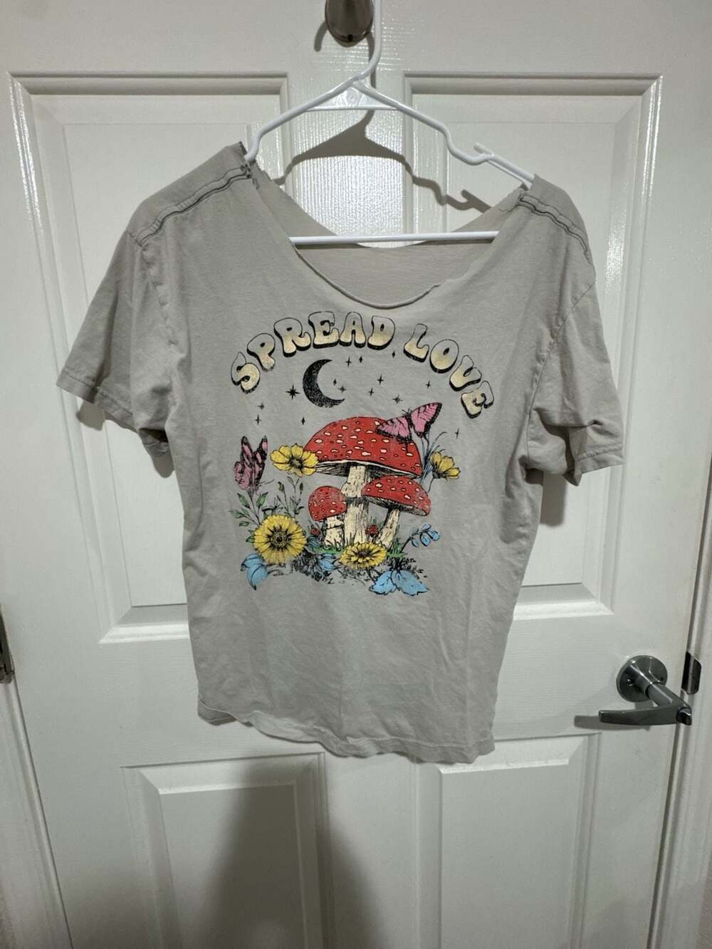 Spread Love Mushroom Butterfly Moon Graphic T-Shirt Beige